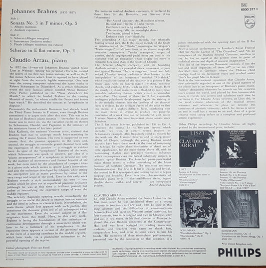 Johannes Brahms / Claudio Arrau : Sonata No. 3 / Scherzo, Op. 4 (LP, RP)