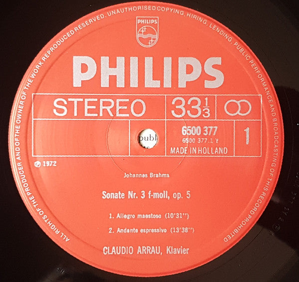 Johannes Brahms / Claudio Arrau : Sonata No. 3 / Scherzo, Op. 4 (LP, RP)