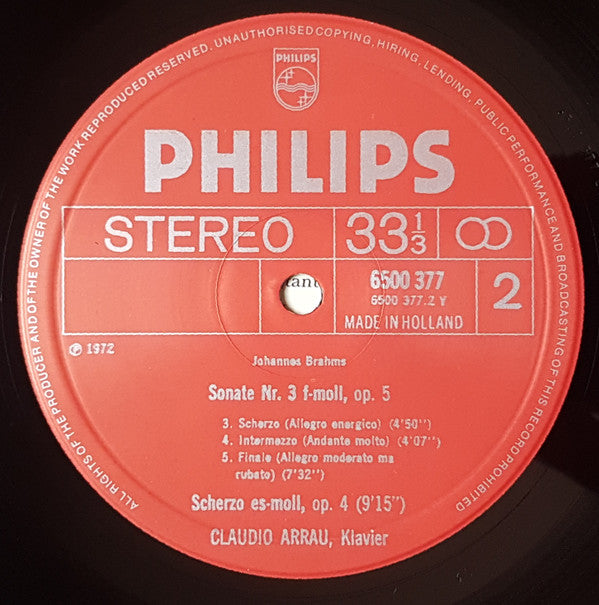 Johannes Brahms / Claudio Arrau : Sonata No. 3 / Scherzo, Op. 4 (LP, RP)