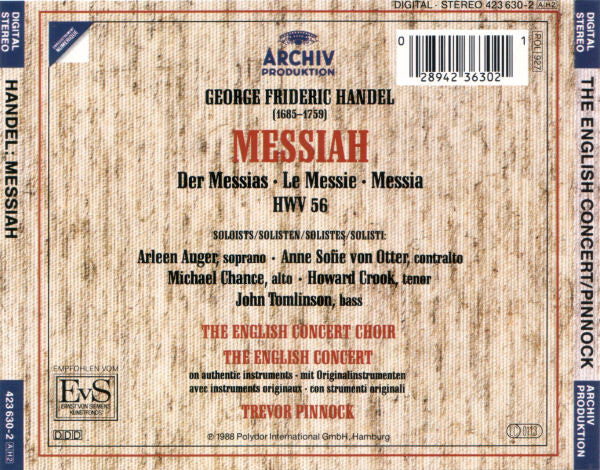 Georg Friedrich Händel - Arleen Auger · Anne Sofie von Otter · Michael Chance · Howard Crook · John Tomlinson (2) · The English Concert & The English Concert Choir · Trevor Pinnock : Messiah (2xCD, Album)