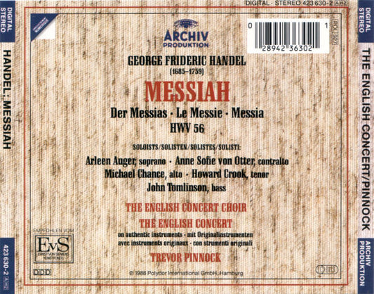 Georg Friedrich Händel - Arleen Auger · Anne Sofie von Otter · Michael Chance · Howard Crook · John Tomlinson (2) · The English Concert & The English Concert Choir · Trevor Pinnock : Messiah (2xCD, Album)