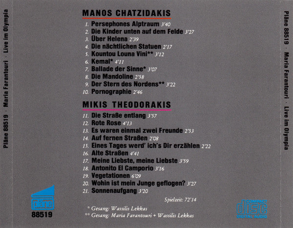 Maria Farandouri : Live Im Olympia (Mit Liedern Von Manos Chatzidakis Und Mikis Theodorakis) (CD, Album)