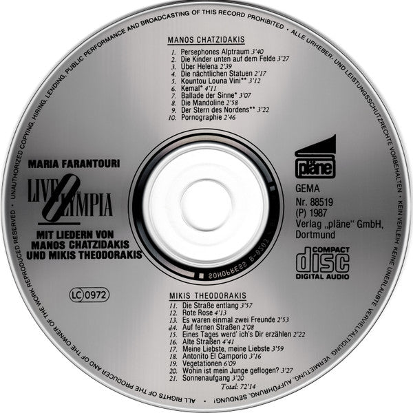 Maria Farandouri : Live Im Olympia (Mit Liedern Von Manos Chatzidakis Und Mikis Theodorakis) (CD, Album)