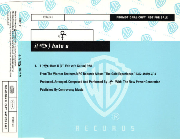 The Artist (Formerly Known As Prince) : I Hate U (CD, Single, Promo)