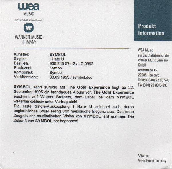 The Artist (Formerly Known As Prince) : I Hate U (CD, Single, Promo)