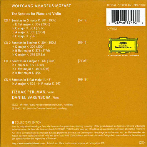 Wolfgang Amadeus Mozart, Itzhak Perlman, Daniel Barenboim : The Violin Sonatas (4xCD, Comp + Box, Comp)