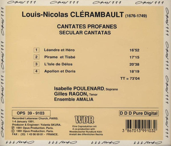 Louis-Nicolas Clérambault, Isabelle Poulenard, Gilles Ragon, Ensemble Amalia : Four Cantatas (CD, Album)