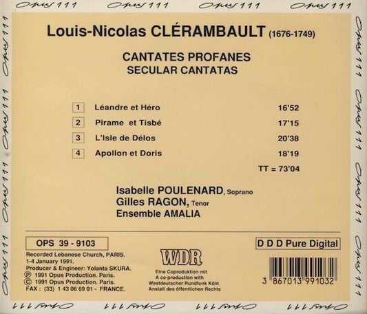 Louis-Nicolas Clérambault, Isabelle Poulenard, Gilles Ragon, Ensemble Amalia : Four Cantatas (CD, Album)