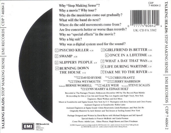 Talking Heads : Stop Making Sense (CD, Album, RE)