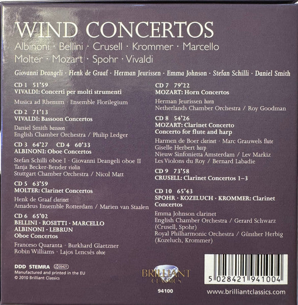 Tomaso Albinoni, Vincenzo Bellini, Bernhard Henrik Crusell, František Vincenc Kramář - Krommer, Alessandro Marcello, Johann Melchior Molter, Wolfgang Amadeus Mozart, Louis Spohr, Antonio Vivaldi : Wind Concertos (10xCD)