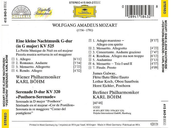 Wolfgang Amadeus Mozart - Wiener Philharmoniker, Berliner Philharmoniker, Karl Böhm : Eine Kleine Nachtmusik / »Posthorn-Serenade« KV 320 (CD, Album, RE, RM)