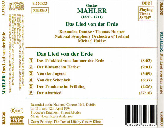 Gustav Mahler, Ruxandra Donose, Thomas Harper, National Symphony Orchestra Of Ireland, Michael Halász : Das Lied Von Der Erde (CD, Album)