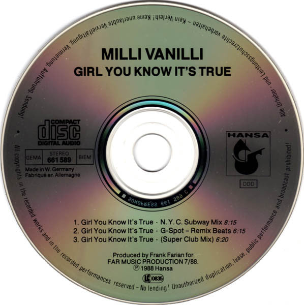 Milli Vanilli : Girl You Know It's True (N.Y.C. Subway Mix) (CD, Maxi)