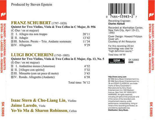 Franz Schubert, Luigi Boccherini, Isaac Stern, Cho-Liang Lin, Jaime Laredo, Yo-Yo Ma, Sharon Robinson (2) : Quintets (CD, Album)