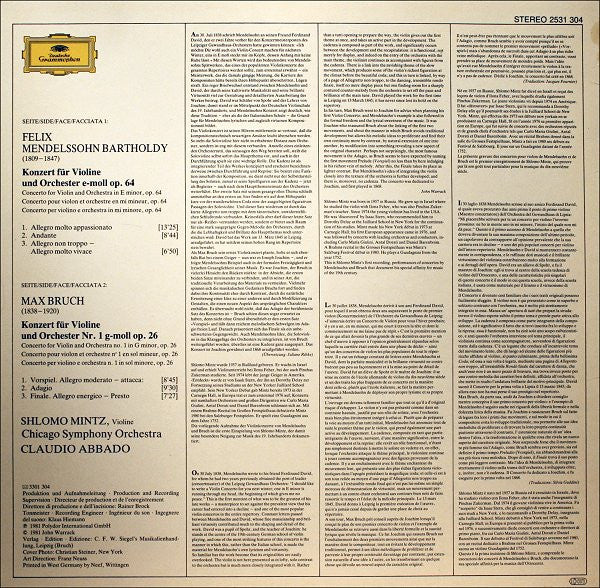 Felix Mendelssohn-Bartholdy / Max Bruch, Shlomo Mintz, Chicago Symphony Orchestra • Claudio Abbado : Violinkonzerte = Violin Concertos (LP, Album)