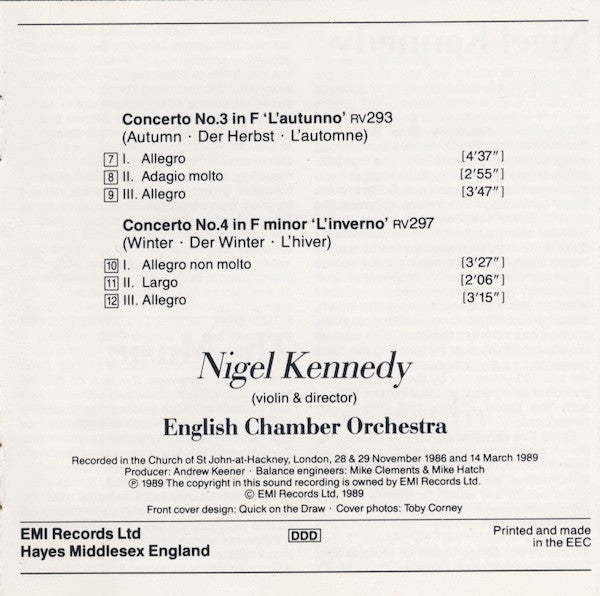 Antonio Vivaldi - Nigel Kennedy, English Chamber Orchestra : The Four Seasons (= Le Quattro Stagioni = Die Vier Jahreszeiten = Les Quatre Saisons) (CD, Album)