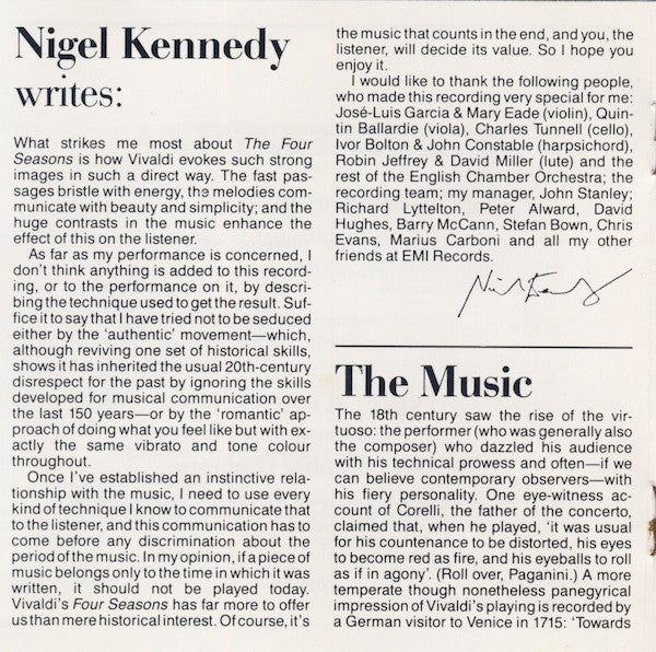 Antonio Vivaldi - Nigel Kennedy, English Chamber Orchestra : The Four Seasons (= Le Quattro Stagioni = Die Vier Jahreszeiten = Les Quatre Saisons) (CD, Album)