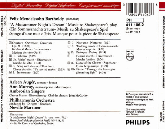Felix Mendelssohn-Bartholdy - Arleen Auger • Ann Murray • The Ambrosian Singers • Philharmonia Orchestra • Sir Neville Marriner : A Midsummer Night's Dream (Ein Sommernachtstraum) Complete • Gesamtaufnahme (CD, Album)