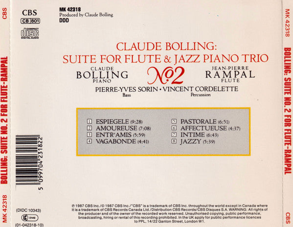 Jean-Pierre Rampal, Claude Bolling : Bolling: Suite No. 2 For Flute And Jazz Piano Trio (CD, Album)