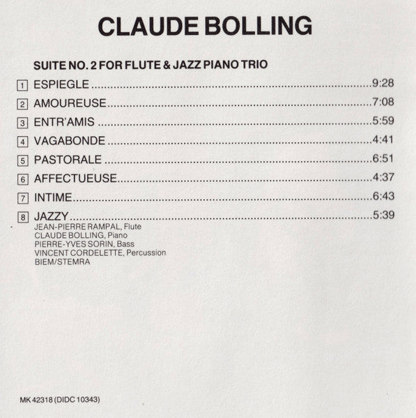Jean-Pierre Rampal, Claude Bolling : Bolling: Suite No. 2 For Flute And Jazz Piano Trio (CD, Album)