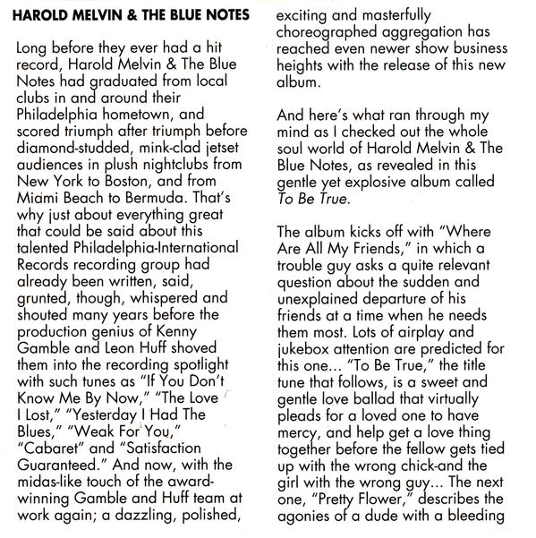 Harold Melvin And The Blue Notes Featuring Teddy Pendergrass : To Be True (CD, Album, RE)