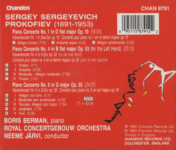 Sergei Prokofiev, Concertgebouworkest, Boris Berman, Neeme Järvi : Piano Concertos No. 1 In D Flat Op. 10; No 4 In B Flat Op. 53; No. 5 In G Op. 55 (CD, Album)