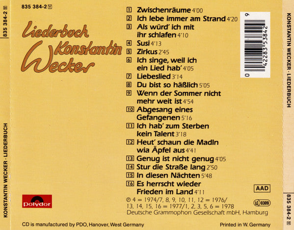 Konstantin Wecker : Liederbuch (CD, Comp, RE)