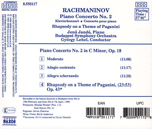 Sergei Vasilyevich Rachmaninoff, Jenö Jandó, Budapest Symphony Orchestra, György Lehel : Piano Concerto No. 2 • Rhapsody On A Theme Of Paganini (CD, Album, RE)