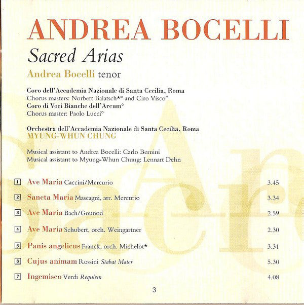 Andrea Bocelli, Orchestra dell'Accademia Nazionale di Santa Cecilia E Coro dell'Accademia Nazionale di Santa Cecilia, Myung-Whun Chung : Sacred Arias (CD, Album)