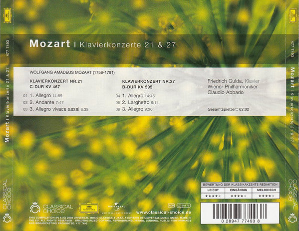 Wolfgang Amadeus Mozart - Friedrich Gulda, Wiener Philharmoniker, Claudio Abbado : Klavierkonzerte 21 & 27 (CD, RE)