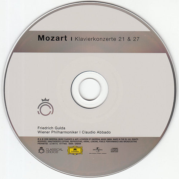Wolfgang Amadeus Mozart - Friedrich Gulda, Wiener Philharmoniker, Claudio Abbado : Klavierkonzerte 21 & 27 (CD, RE)