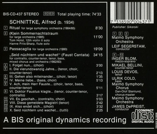 Alfred Schnittke / Malmö Symphony Orchestra, Leif Segerstam, James DePreist : Ritual / (K)ein Sommernachtstraum / Passacaglia / Seid Nüchtern Und Wachet (Faust Cantata) (CD, Album)