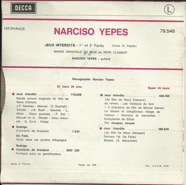 Narciso Yepes : Jeux Interdits (7", Single, RE)