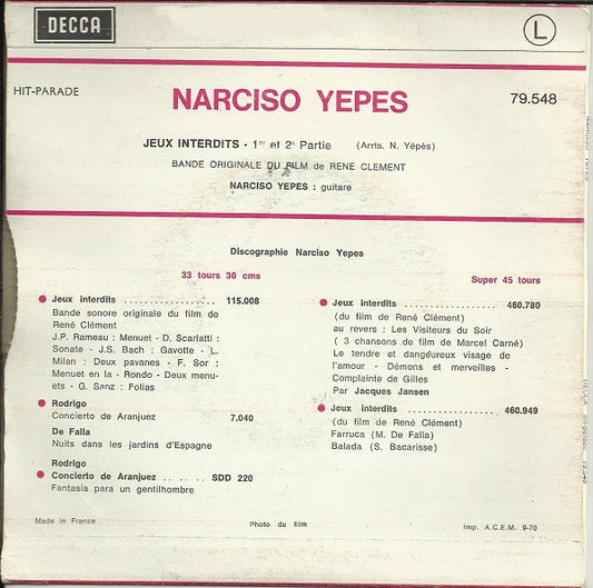 Narciso Yepes : Jeux Interdits (7", Single, RE)