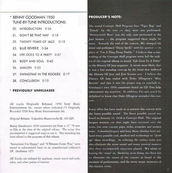 Benny Goodman : The Famous 1938 Carnegie Hall Jazz Concert (2xCD, RE, RM)