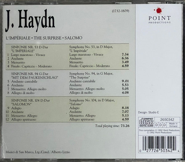 Joseph Haydn - Musici Di San Marco / Alberto Lizzio : Symphony No. 53 L´Imperiale, Nº 94 The Surprise, Nº 104 Salomo  (CD, Album)