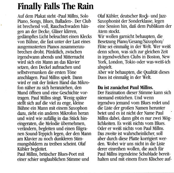 Paul Millns Feat. Olaf Kübler : Finally Falls The Rain (CD, Album)