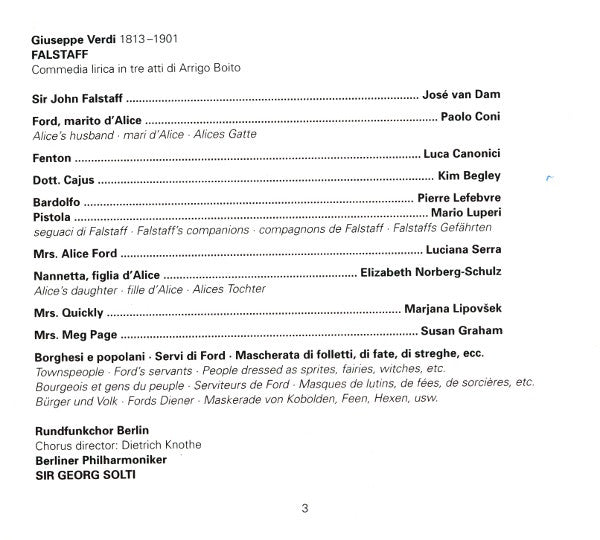 Giuseppe Verdi - José van Dam, Marjana Lipovšek, Paolo Coni, Luciana Serra, Elisabeth Norberg-Schulz, Susan Graham (2), Luca Canonici, Kim Begley, Berliner Philharmoniker, Georg Solti : Falstaff (2xCD)