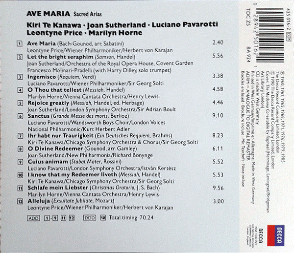 Kiri Te Kanawa / Joan Sutherland / Luciano Pavarotti / Leontyne Price / Marilyn Horne : Ave Maria - Sacred Arias (CD, Comp, RM)