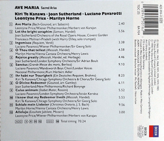 Kiri Te Kanawa / Joan Sutherland / Luciano Pavarotti / Leontyne Price / Marilyn Horne : Ave Maria - Sacred Arias (CD, Comp, RM)