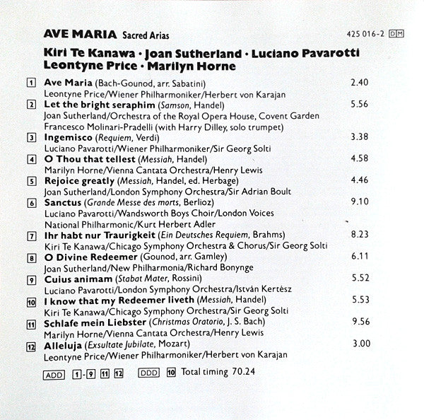 Kiri Te Kanawa / Joan Sutherland / Luciano Pavarotti / Leontyne Price / Marilyn Horne : Ave Maria - Sacred Arias (CD, Comp, RM)