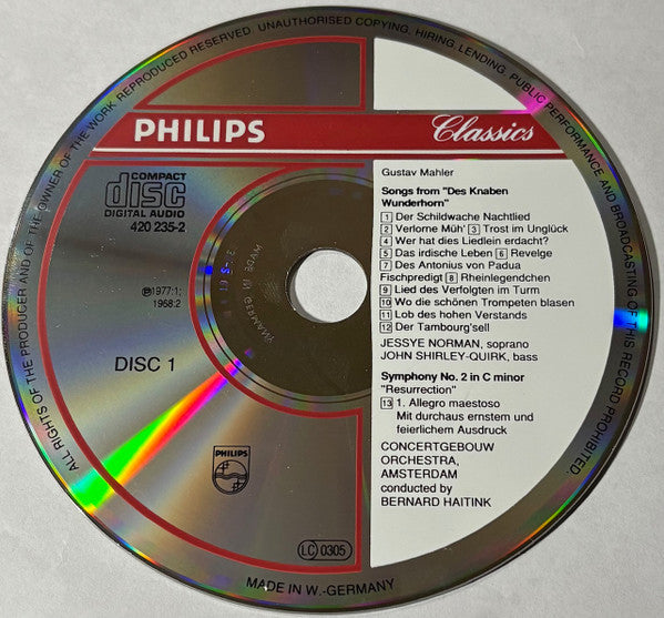 Gustav Mahler - Bernard Haitink, Concertgebouworkest, Elly Ameling, Aafje Heynis, Jessye Norman, John Shirley-Quirk : Symphony No. 2, Wunderhorn-Lieder (2xCD, Comp, RE)