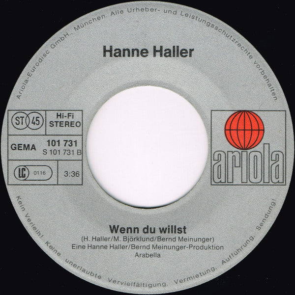 Hanne Haller : Ich Warte Hier Unten (7", Single)