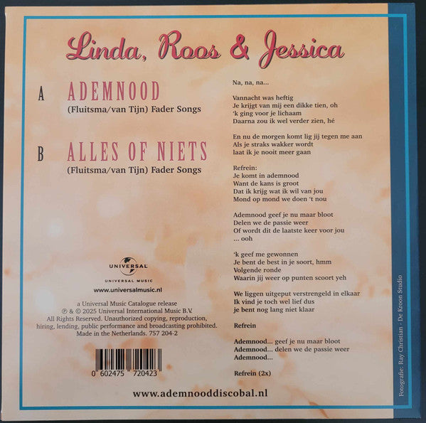 Linda, Roos & Jessica : Ademnood / Alles Of Niets (7", RSD, Single, Red)