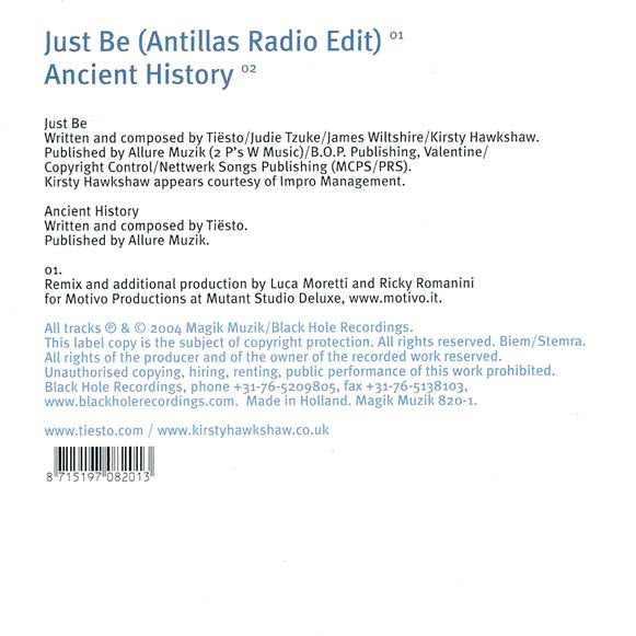 DJ Tiësto Featuring Kirsty Hawkshaw : Just Be (CD, Single)