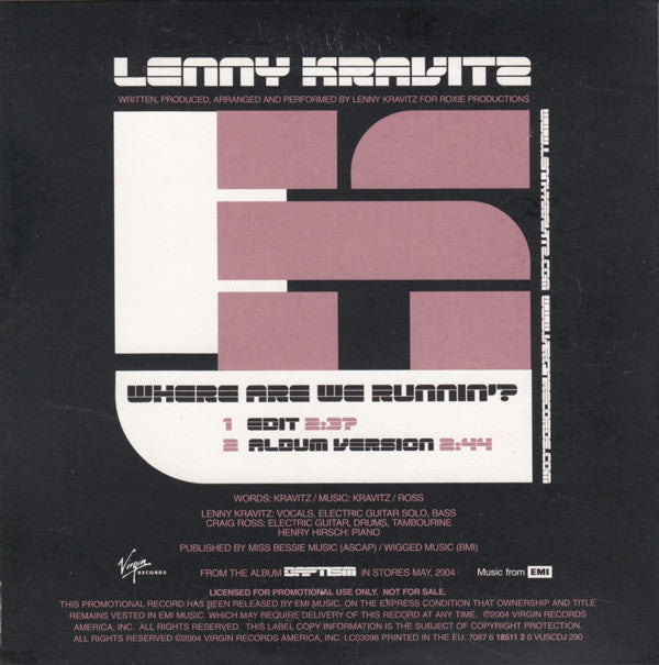 Lenny Kravitz : Where Are We Runnin'? (CD, Single, Promo)
