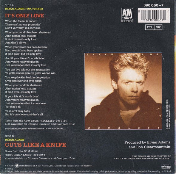 Bryan Adams With Tina Turner : It's Only Love (7", Single)