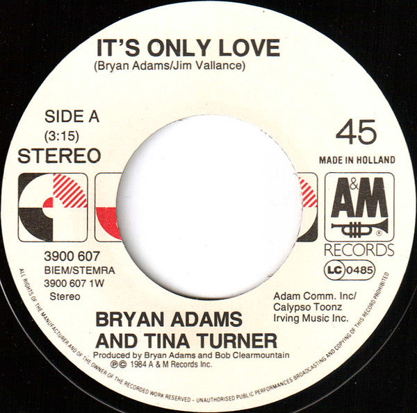 Bryan Adams With Tina Turner : It's Only Love (7", Single)
