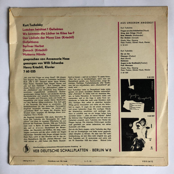 Kurt Tucholsky : Lottchen Beichtet 1 Geliebten (10", Mono)
