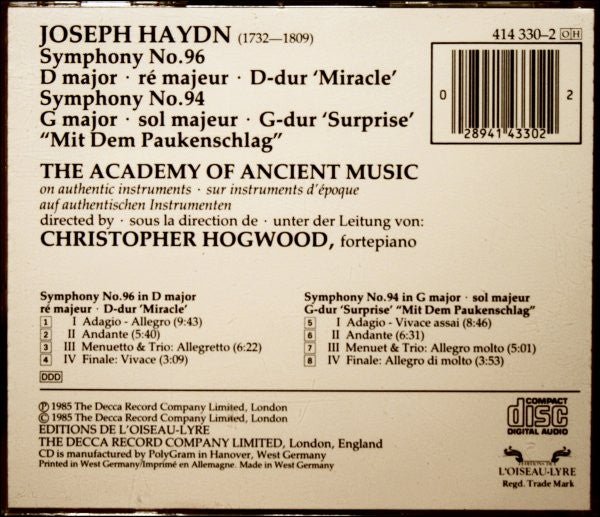 Joseph Haydn - The Academy Of Ancient Music, Christopher Hogwood : Symphony No. 94 'Surprise' / Symphony No. 96 'Miracle' (CD, Album)